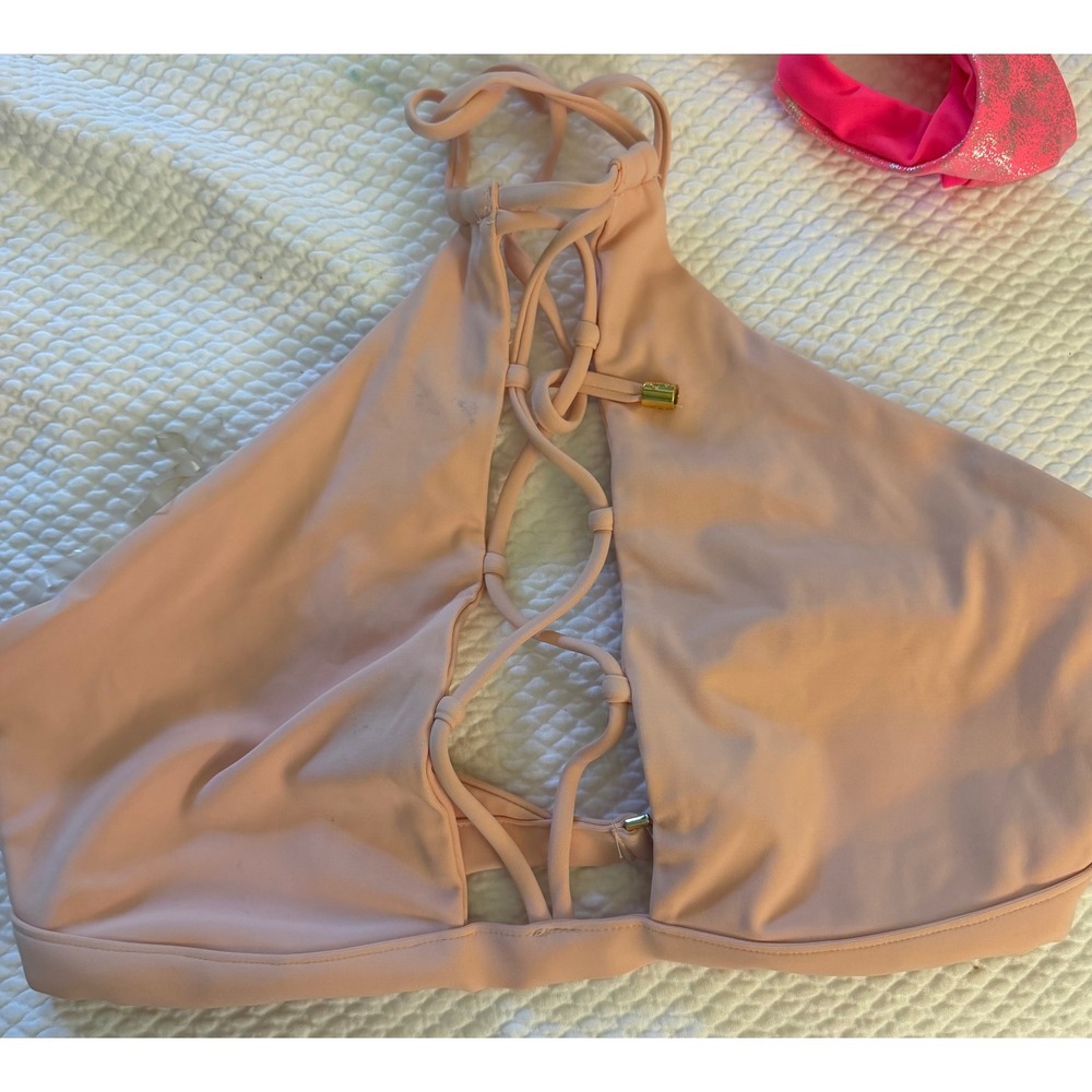 Beach Bunny Blush Pink Lace Up High Neck Halter Bikini Top XXL B17106T5 NEW